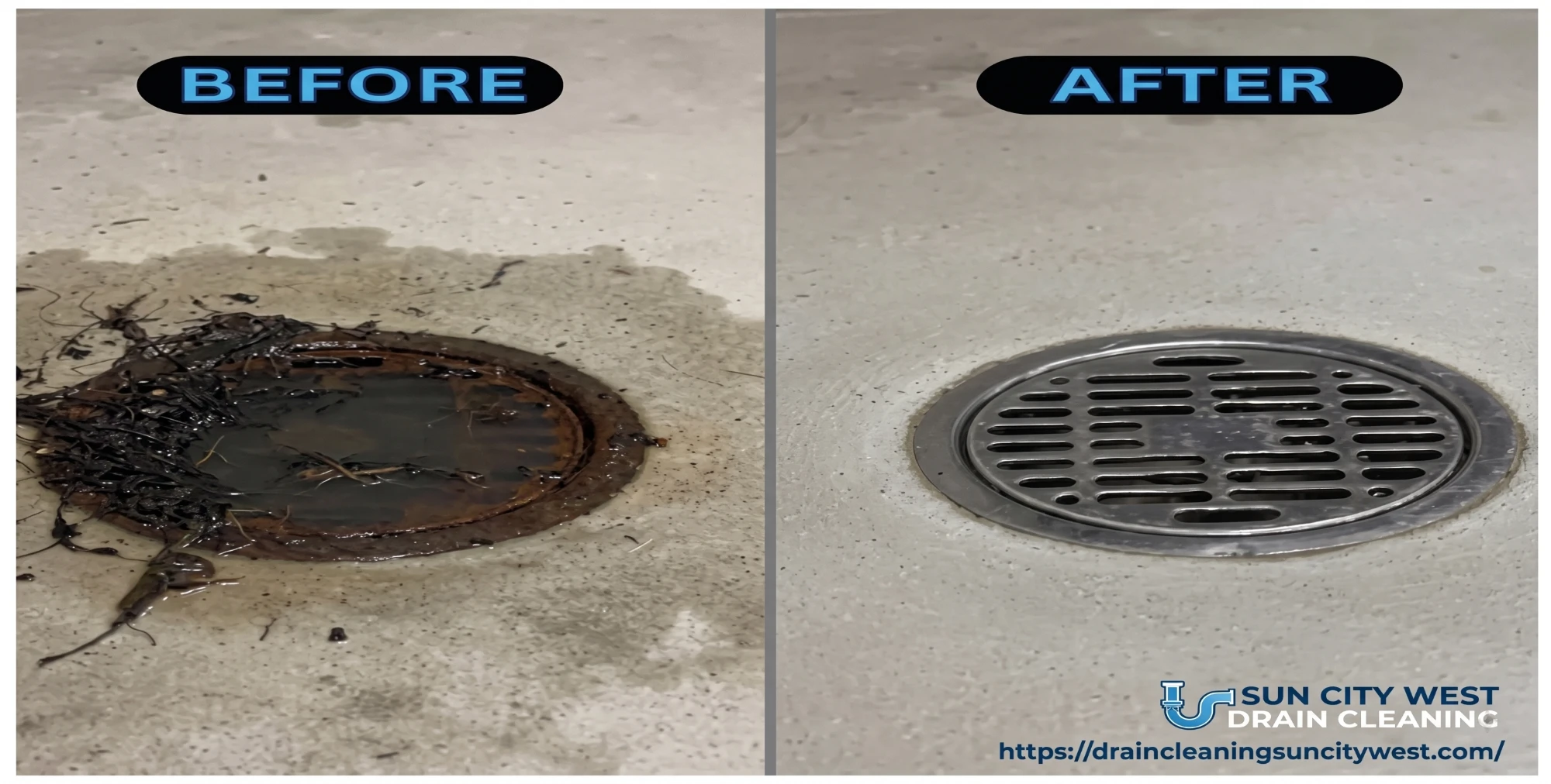Before and after: floor drain cleared of root intrusion in Sun City West