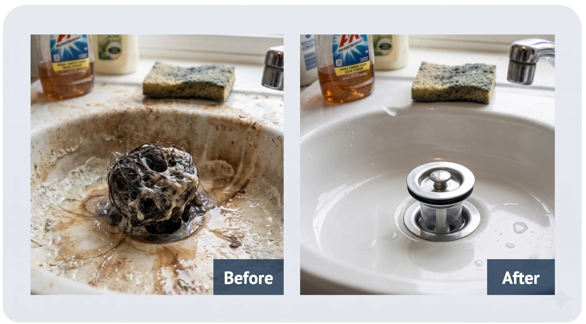 Before and after: cleared bathroom sink drain clogged with hair in Sun City West
